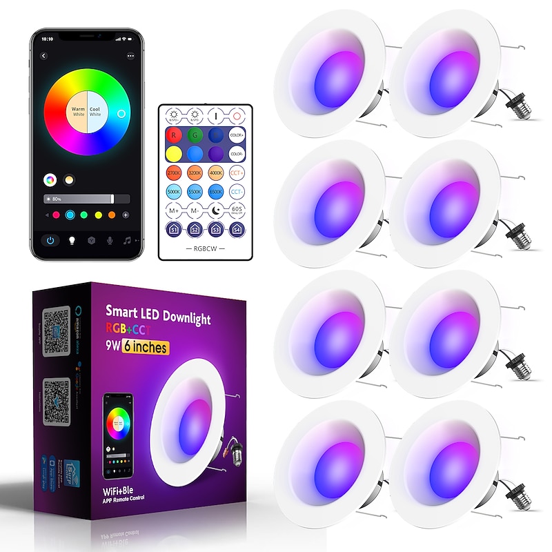 Smart LED Recessed Lighting RGBCW Color Changing WiFi Can Lights with Baffle Trim Retrofit Downlight Compatible with Alexa & Google Assistant App Control2