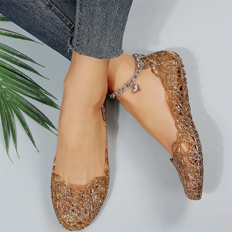 Women's Gold Glitter Jelly Flats - Sparkling Flexible Slip-On Shoes for Summer and Casual Occasions3