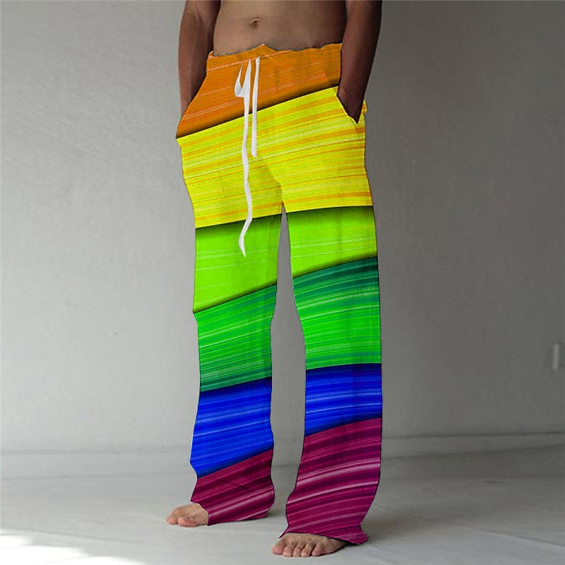 Men's Trousers Summer Pants Beach Pants Pocket Drawstring Elastic Waist Rainbow Graphic Prints Comfort Breathable Casual Daily Holiday Streetwear Designer Yellow Blue2