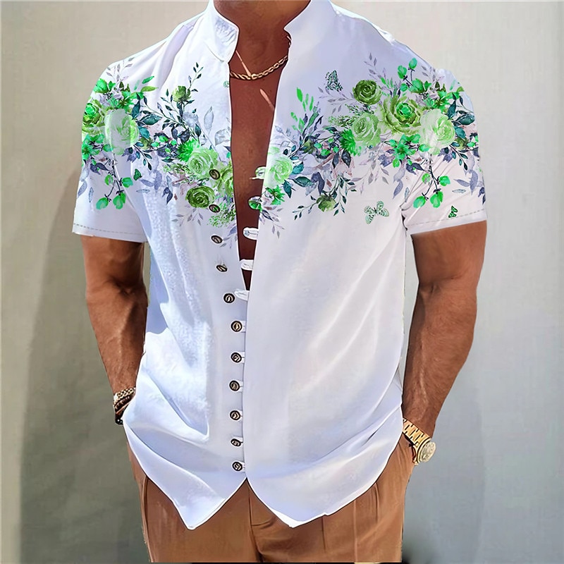 Men's Floral Shirt Button Up Shirt Short Sleeve Fashion Streetwear Designer Outdoor Casual Daily Spring & Summer Stand Collar Print Red Blue Purple Green Gray4