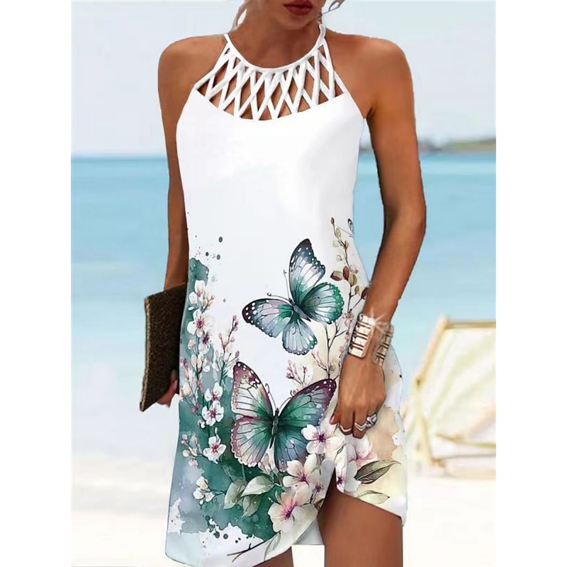 Women's Floral Cut Out Print Halter Neck Mini Dress Daily Vacation Sleeveless Summer Spring2