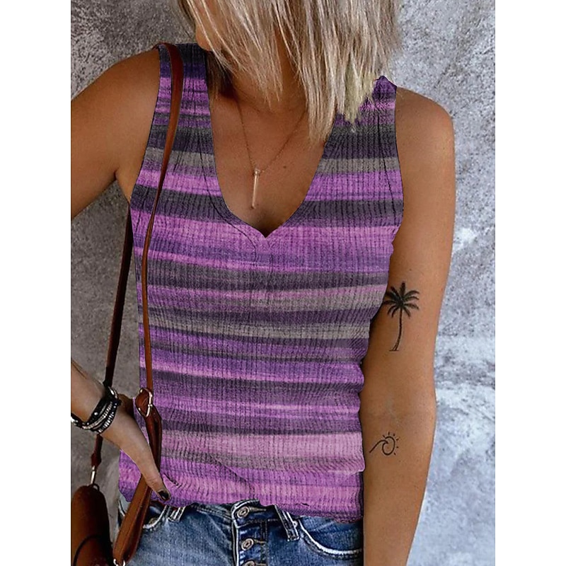Women's Camisole Tank Top Going Out Tops Basic Striped Buttons Print Sleeveless Regular Tops V Neck Casual Pink Blue Purple Khaki4
