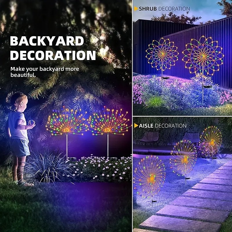 Fireworks Solar Lights Outdoor Pathway Lights Solar Powered Starburst Fairy Lights Waterproof 8 Lighting Modes with Remote Control For Patio Decorative Landscape 90/120/150/180/200 LEDs2