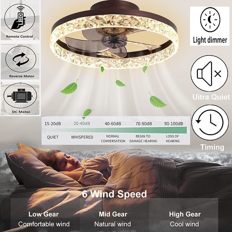 Ceiling Fan with Lights 19.5" Dimmable LED 3 Color 6 Speeds Timing Reversible Blades with Remote Control, Household Fan Chandelier, indoor Low Profile Flush Mount Ceiling Fan3