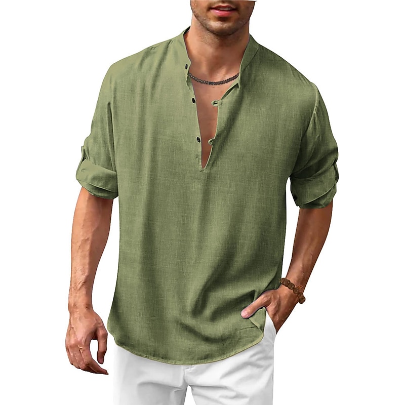 Men's Shirt Cotton Linen Shirt Chinese Collar Shirt Mandarin Collar Shirt Popover Shirt Summer Shirt Plain Vacation Casual Black White Blue Brown Long Sleeve Henley Spring & Summer Clothing Apparel