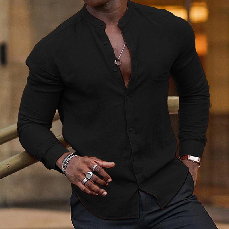 Men's Shirt Summer Shirt Beach Wear Band Collar Shirt Button Up Shirt Plain Vacation Hawaiian Black White Light Green Pink Long Sleeve Crew Neck Spring & Summer Clothing Apparel Basic3