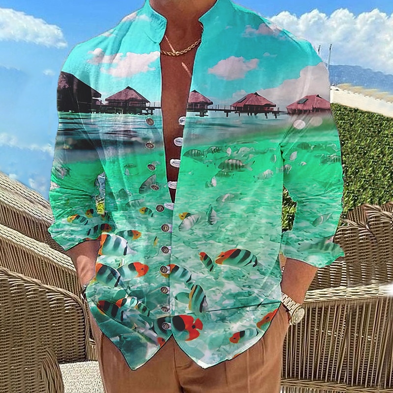Men's Graphic Prints Fish Beach Shirt Long Sleeve Shirt Stand Collar Outdoor Vacation Red Blue Purple Green Print Clothing Apparel Fashion Designer Casual Comfortable2