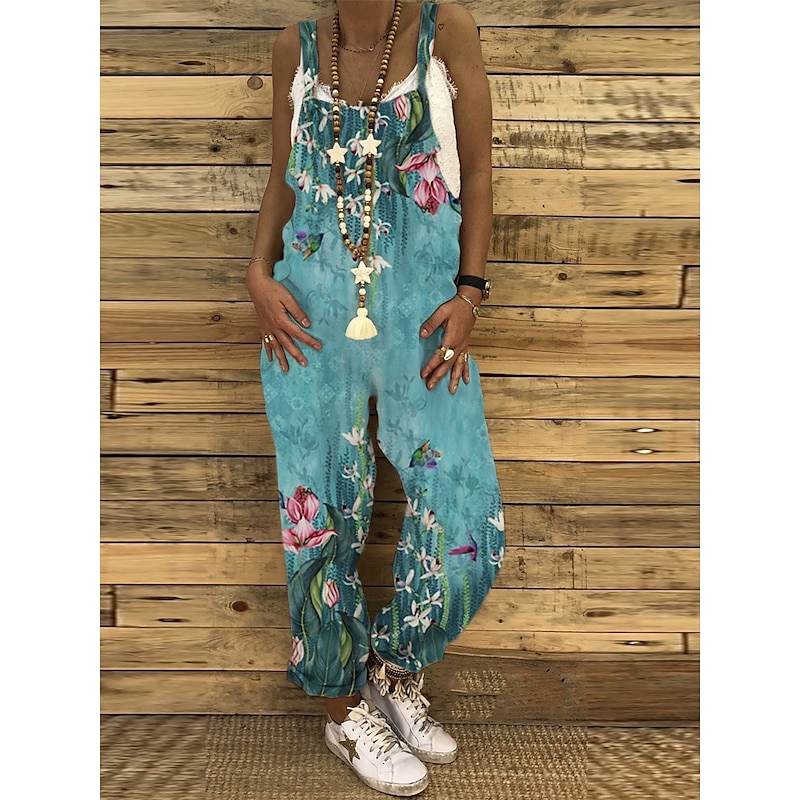 Jumpsuits for Women Floral Dungarees Overall Button Pocket Animal U Neck Holiday Daily Vacation Straight Regular Fit Sleeveless Sleeveless Black White Green S M L