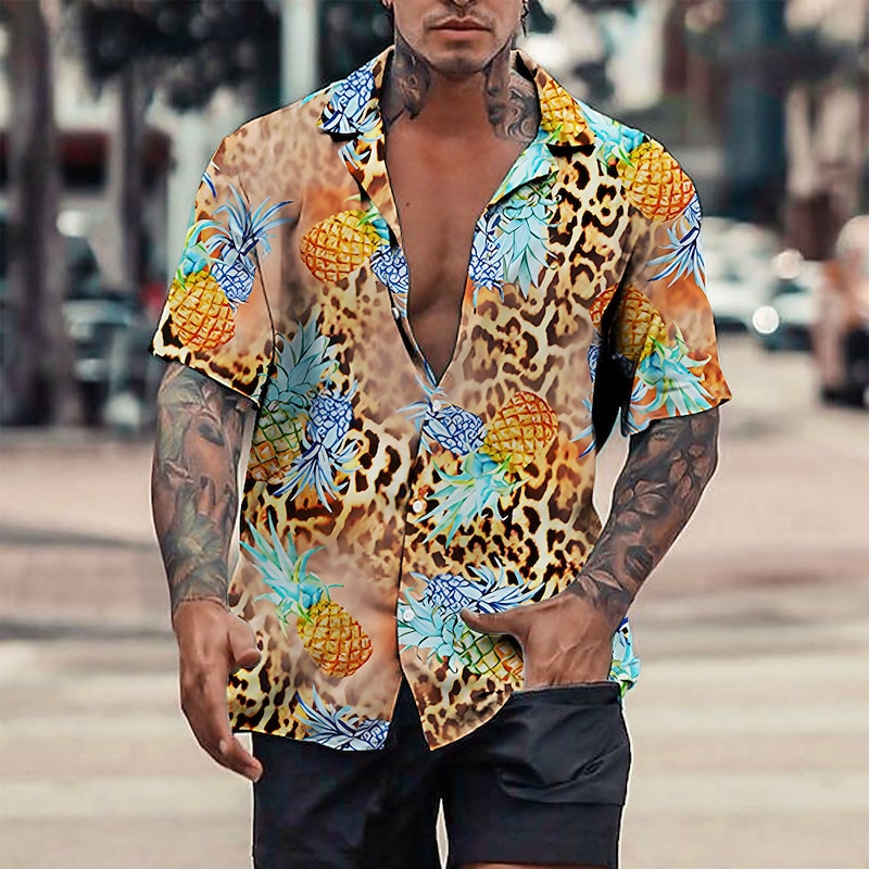 Men's Skull Pineapple Shirt Summer Hawaiian Shirt Aloha Shirt Short Sleeve Shirt Turndown Tropical Fashion Hawaiian Casual Hawaiian Holiday Yellow Light Green Blue S M L3