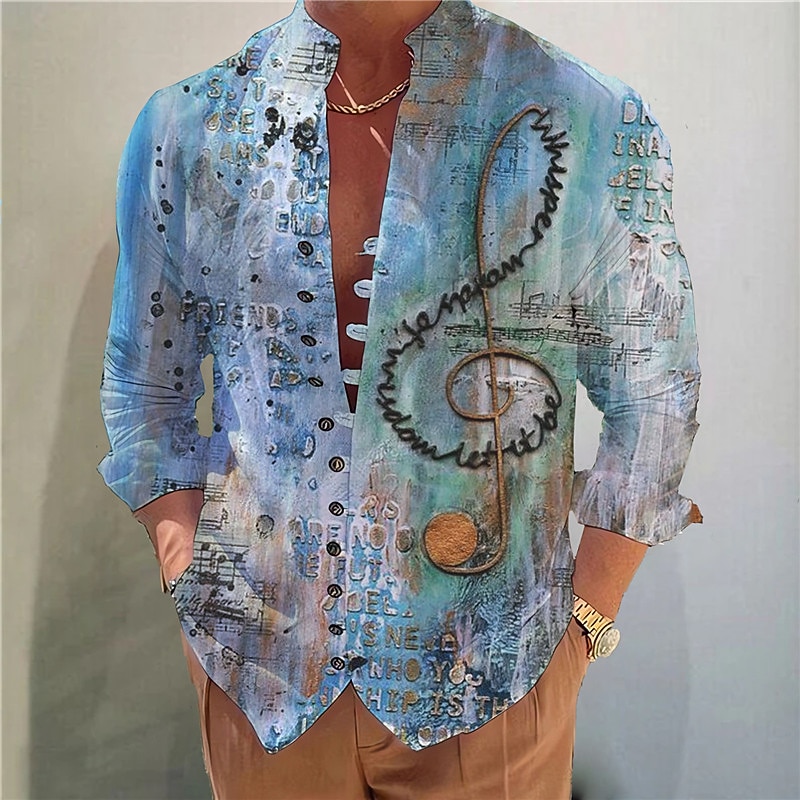 Men's Boardmasters Vintage Notes Shirt Button Up Shirt Long Sleeve Fashion Streetwear Designer Outdoor Casual Daily Summer Spring Fall Stand Collar Print Blue Purple Green Gray