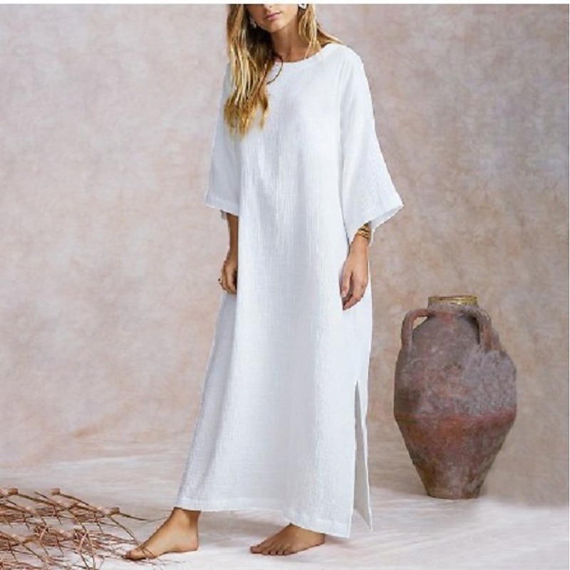 Women's White khaki Spring Fall Autumn Maxi Dress White Dress Casual Dress Cotton Summer Dress Basic Casual Outdoor Daily Loose Fit Pure Color Crew Neck