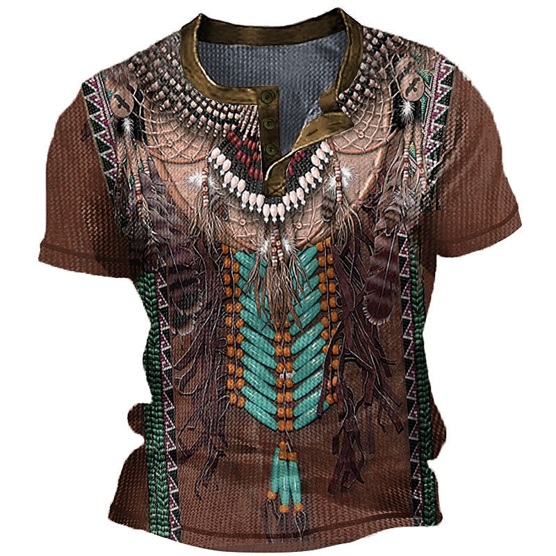 Men's Graphic Boho Waffle Henley Shirt Short Sleeve 3D Print Fashion Designer Basic Outdoor Daily Summer Blue Brown Green Khaki Henley Henley T-Shirt2