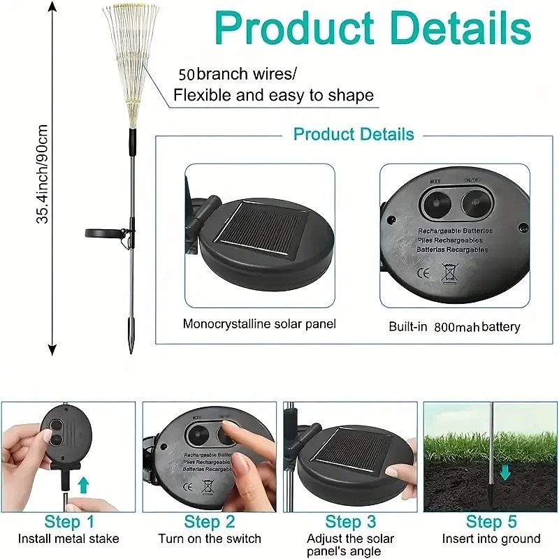 Fireworks Solar Lights Outdoor Pathway Lights Solar Powered Starburst Fairy Lights Waterproof 8 Lighting Modes with Remote Control For Patio Decorative Landscape 90/120/150/180/200 LEDs3