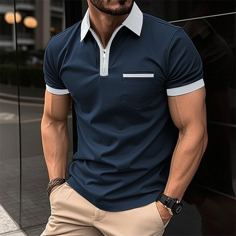 Men's Polo Shirt Golf Shirt Casual Holiday Lapel Quarter Zip Short Sleeve Fashion Basic Plain Quarter Zip Summer Regular Fit Black White Red Dark Navy Blue Green Polo Shirt2