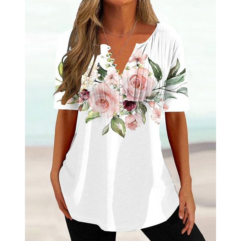 Women's T Shirt Henley Shirt Floral Butterfly Tunic Basic Short Sleeve Round Neck Regular Tops Holiday Weekend Buttons Print White Purple2