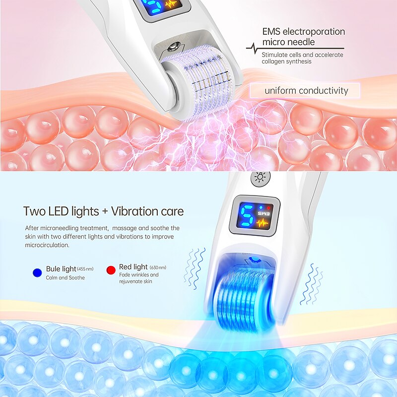 2023 Newest 540pins EMS Derma Roller Micro Current Microneedling Roller with Red Blue Light Therapy and Vibration Bio Roller G53