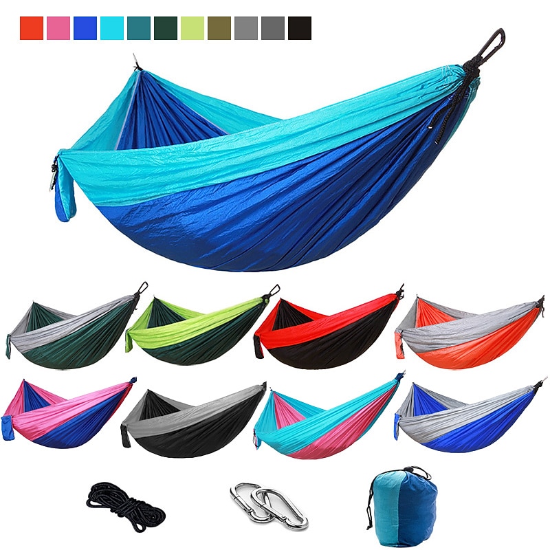 Camping Hammock Outdoor Portable Breathable Quick Dry Ultra Light (UL) Foldable Parachute Nylon with Carabiners and Tree Straps for 2 person Hunting Fishing Hiking Transparent Green Pink and Blue - Main Image