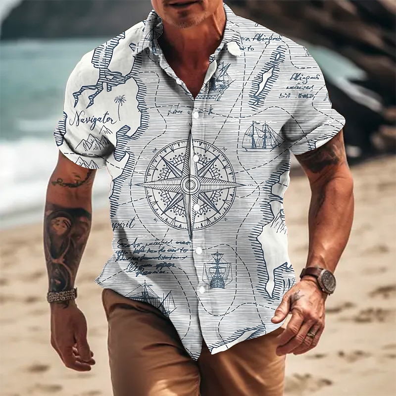 Men's Anchor Vintage Compass Shirt Button Up Shirt Short Sleeve Vintage Fashion Designer Outdoor Casual Summer Spring Turndown Print Black White Yellow Blue Gray3