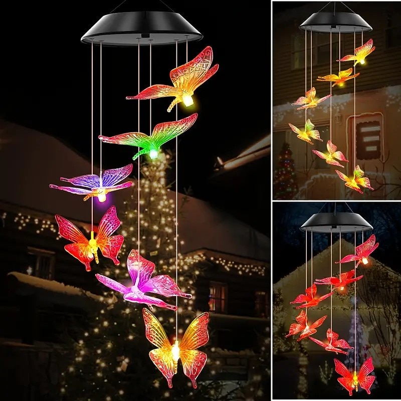 Solar Wind Chimes LED Outdoor Light Changing Butterfly Lights Outdoor Solar Waterproof 6LEDs Wind Chimes Solar Powered Lights for Home Garden Patio Window Decoration4