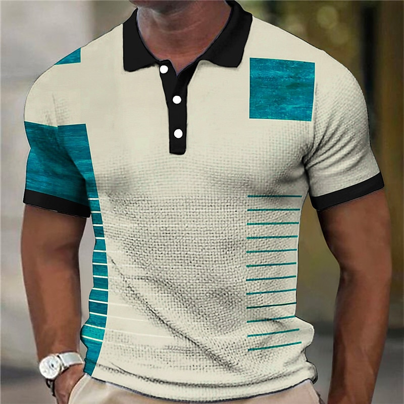 Men's Plaid Waffle Polo Shirts Golf Shirt Short Sleeve Polo Shirts Collared Shirts Vintage Casual Vacation Wear Formal Wear Festival Wear Buttons 3D Print White Yellow Red2