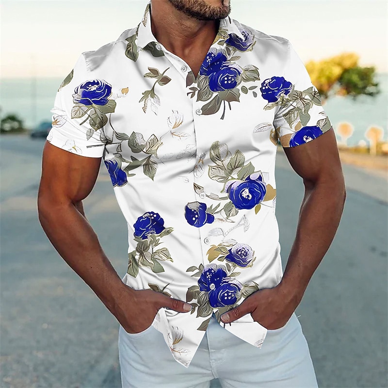 Men's Floral Shirt Button Up Shirt Short Sleeve Fashion Streetwear Designer Outdoor Street Daily Summer Spring Turndown Print Black White Navy Blue Blue Gold4