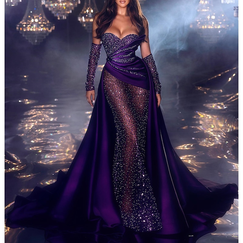 Mermaid Evening Gown Sequin Dress Formal Black Tie Gala Chapel Train Sleeveless Strapless Fall Wedding Reception with PearlsMasquerade Dress