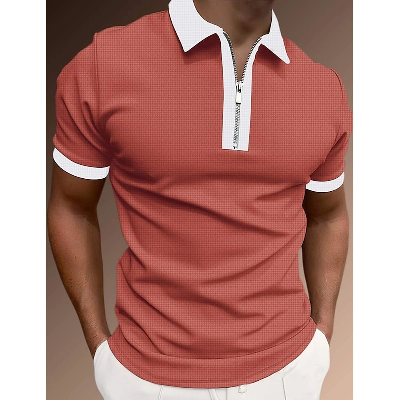 Men's Zip Polo Polo Shirt Casual Holiday Lapel Quarter Zip Short Sleeve Fashion Basic Plain Quarter Zip Summer Regular Fit Black White Pink Red Brown Dark Grey Zip Polo3