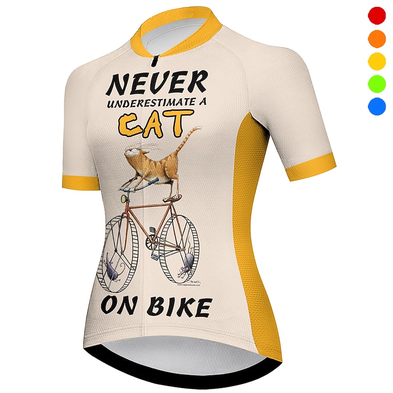 Women's Cycling Jersey Cat Funny Short Sleeve Bike Jersey Top with 3 Rear Pockets Mountain Bike MTB Road Bike Cycling Quick Dry Reflective Strips Back Pocket Moisture Wicking Sports Yellow Red Blue