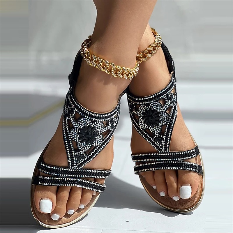 Women's Bohemian Rhinestone Sandals – Vintage Glam Beaded Flat Sandals with Hollow Floral Design for Beach & Summer Wear