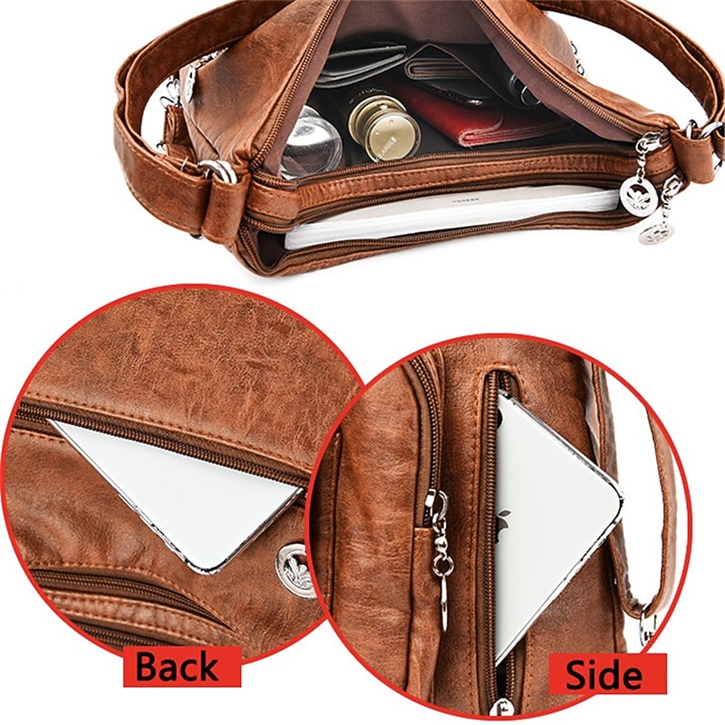 Women's Vintage-Style Brown Faux Leather Hobo Bag - Multi-Pocket Shoulder Bag for Everyday Use4