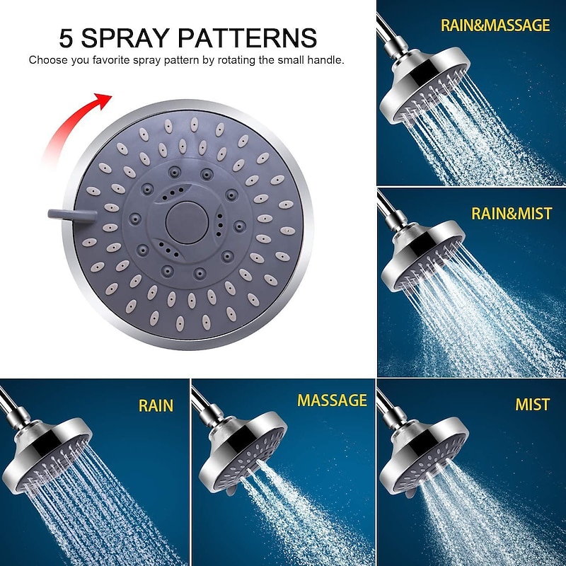 4/6 inch Rainfall Shower Head Set, 5 Mode Sprayer Showerhead with Water Filter, 360-degree Rotation High Pressure Overhead Shower Head Arm Chrome Black Silver2