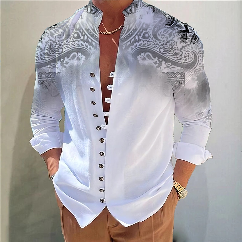 Men's Floral Shirt Linen Shirt Button Up Shirt Long Sleeve Fashion Streetwear Designer Outdoor Casual Daily Summer Spring Fall Stand Collar Print Yellow Blue Green Gray4