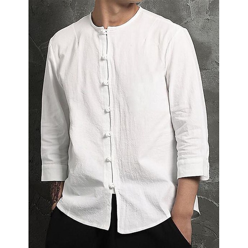Men's Shirt Linen Shirt Cotton Linen Shirt White Cotton Shirt Chinese Collar Shirt Mandarin Collar Shirt Plain Vacation Casual White Long Sleeve Band Collar Spring & Summer Clothing Apparel Pocket