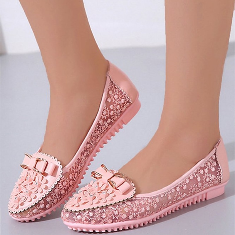 Women's Pink Lace Flats with Bow and Floral Details - Elegant and Comfortable Casual Shoes for Everyday Wear2