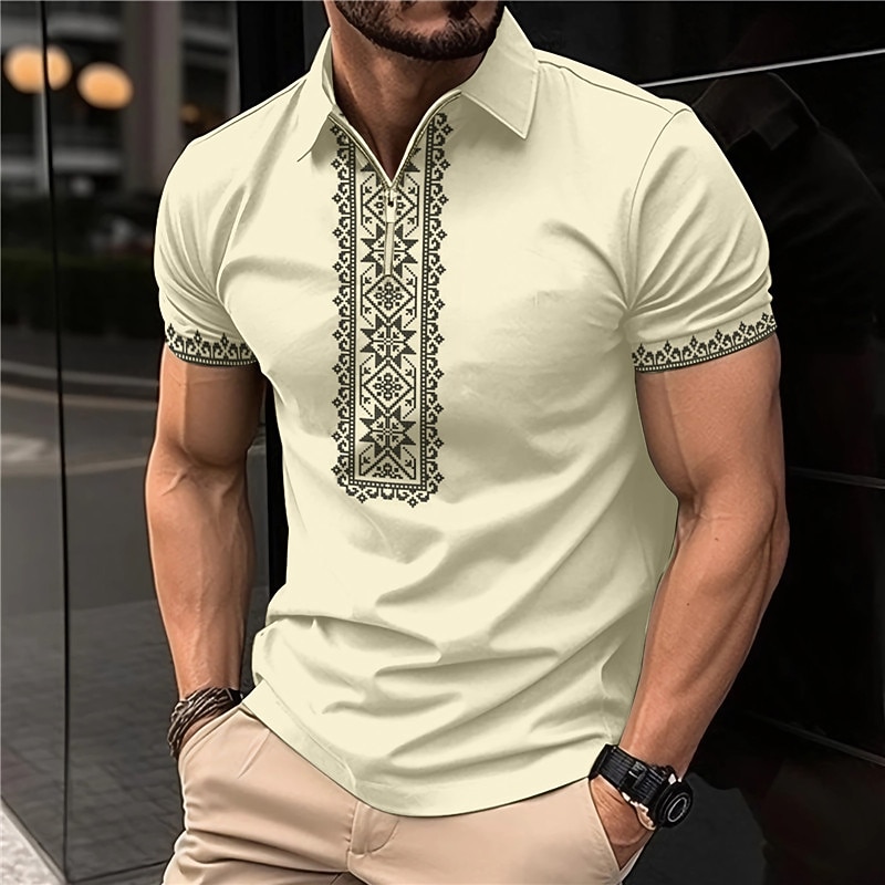Men's Tribal Zip Polo Shirts Golf Shirt Short Sleeve Polo Shirts Collared Shirts Vintage Casual Vacation Wear Party Outfits 3D Print Quarter Zip Polo White Pink Blue4