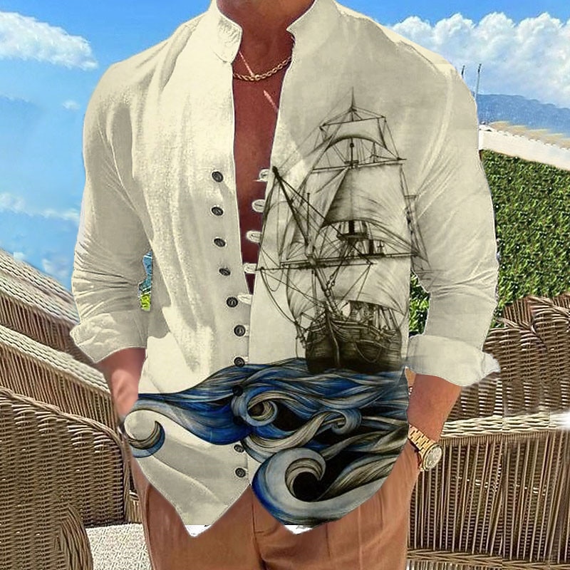 Men's Nautical Vintage Sailboat Shirt Button Up Shirt Long Sleeve Fashion Streetwear Designer Outdoor Casual Daily Summer Spring Fall Stand Collar Print Blue Brown Khaki Gray3