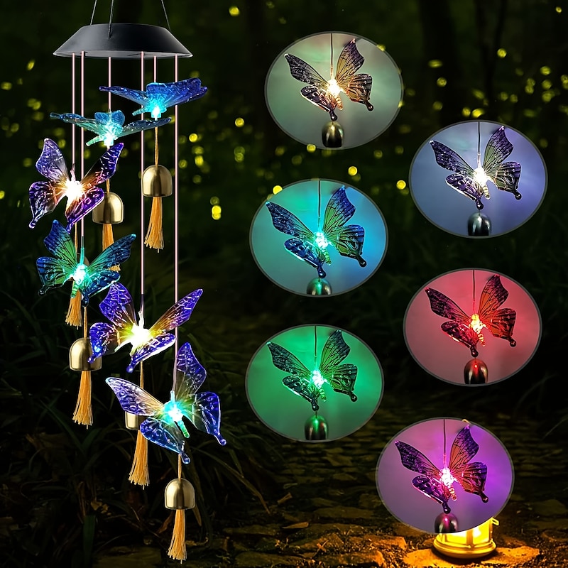 Solar Wind Chimes Bell Dragonfly LED Lights Outdoor Waterproof Auto Light Color-Changing Solar Powered Hanging Lights for Courtyard Garden Patio Festival Decoration