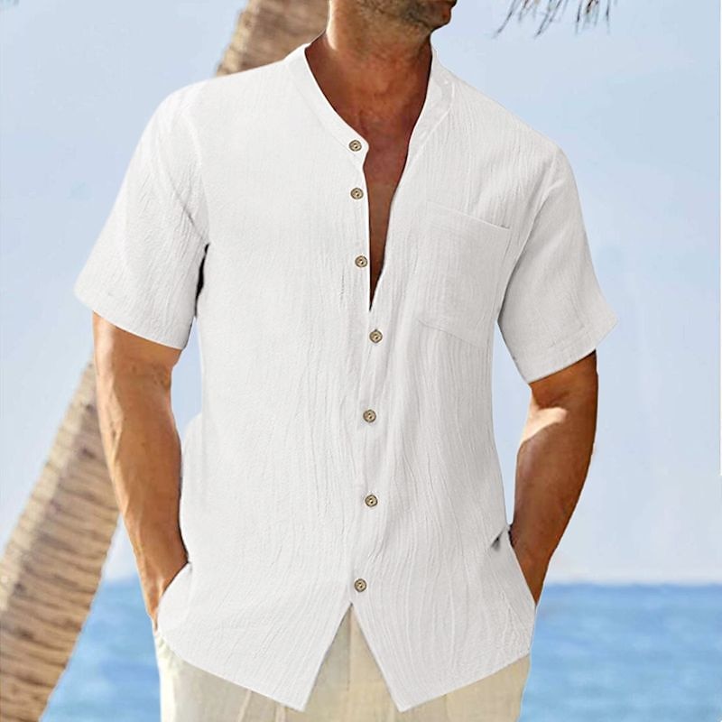 Men's Shirt Chinese Collar Shirt Mandarin Collar Shirt Summer Shirt Casual Shirt Beach Shirt White Blue khaki Gray Short Sleeve Plain Grandad Collar Band Collar Vacation Daily Front Pocket Clothing2