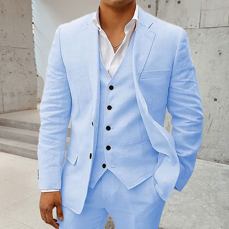 Men's Wedding Linen Suits Notch White Sky Blue Solid Colored Slim Fit 3 Piece Single Breasted Two-buttons3