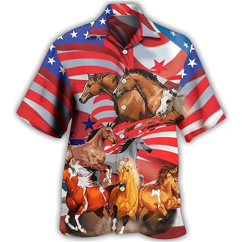 Men's Flag Horse Graphic Prints Shirt Summer Hawaiian Shirt Short Sleeve Shirt Turndown Casual Hawaiian White Red Blue Brown Print Button-Down Clothing Apparel Tropical Fashion Hawaiian Soft4