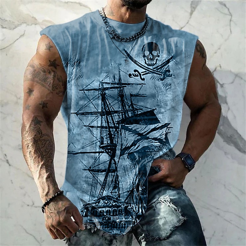 Men's Graphic Ship Nautical Pirate Vest Top Sleeveless T Shirt for Men Sleeveless Cap Sleeve T shirt 3D Print Crew Neck Shirt Fashion Designer Muscle Daily Sports Gym Blue Brown Green Spring & Summer2