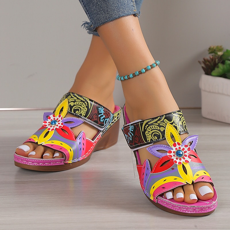 Women's Colorful Bohemian Floral Sandals – Hand-Painted Open-Toe Wedge with Comfortable Sole for Summer and Casual Wear4