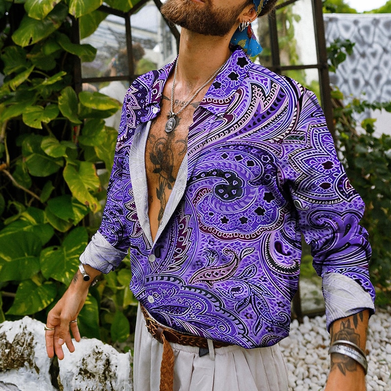 Men's Floral Shirt Boho Shirt Long Sleeve Tropical Sports Streetwear Outdoor Casual Daily Fall & Winter Turndown Print Button-Down Black Pink Navy Blue Blue Purple4