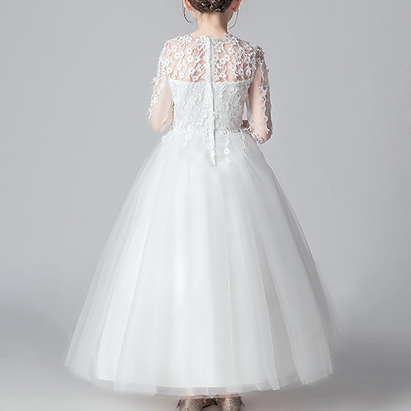 Kids Girls' Flower Girl Dress Dress Party Dress Solid Color 3/4 Length Sleeve Performance Wedding Party Lace Mesh Fashion Adorable Princess Polyester Maxi Lace Dress Party Dress Swing Dress Summer2