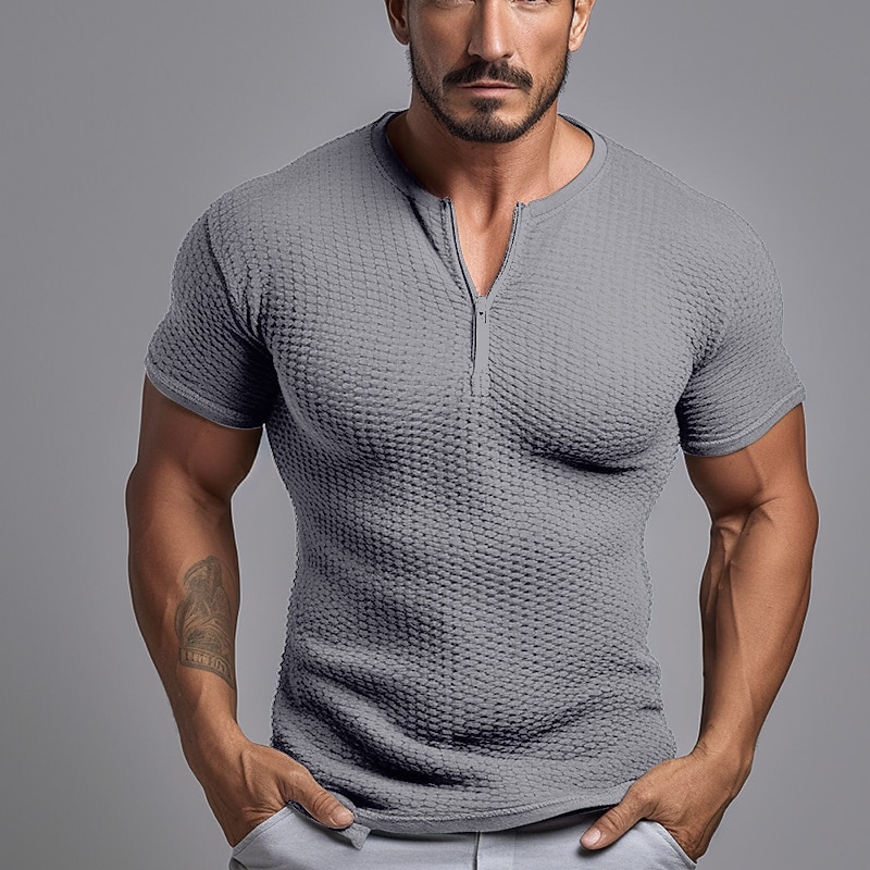 Men's Waffle Tee Tee Top Short Sleeves Quarter Zip Summer Plain Fashion Designer Basic Zip Up Vacation Street Going out Black White Navy Blue Top Tee for Men3