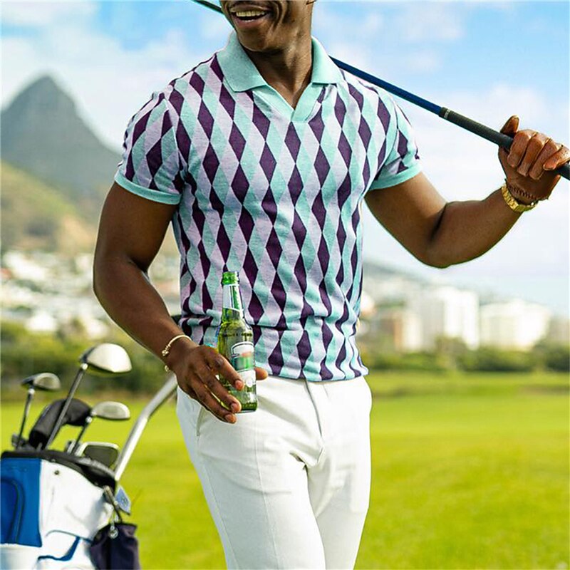 Men's Plaid Sports Polo Shirts Golf Shirt Short Sleeve Polo Shirts V Neck Casual Sportswear Vacation Wear 3D Print Yellow Pink Purple4