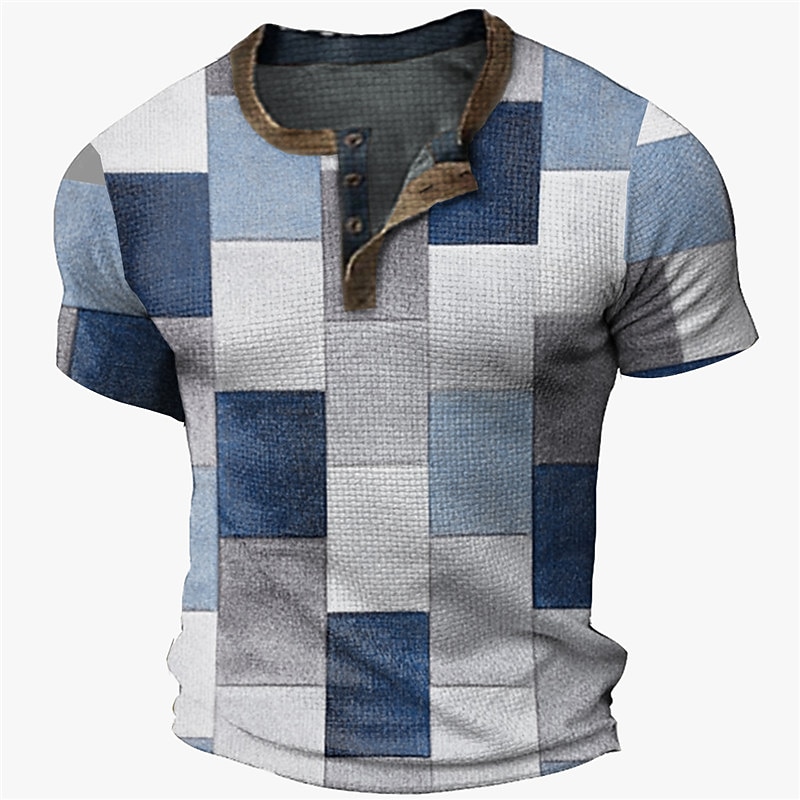 Men's Graphic Color Block Plaid / Check Waffle Henley Shirt Short Sleeve 3D Print Fashion Designer Basic Outdoor Street Daily Summer Yellow Blue Coffee Gray Henley Henley T-Shirt3