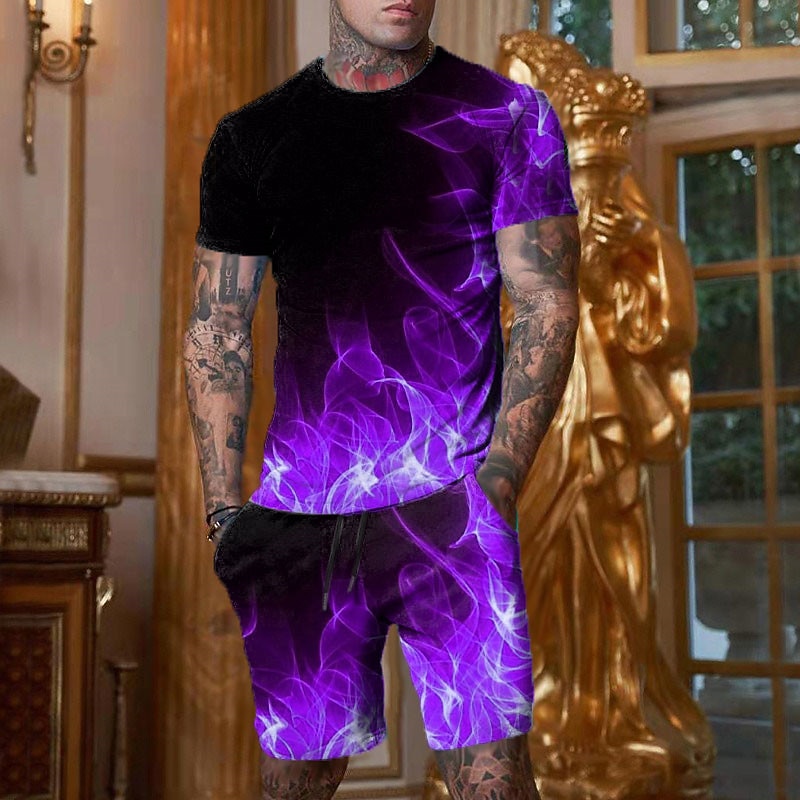 Men's Graphic Color Block Flame 2pcs Tees sets Matching Sets Short Sleeve Short Pants Crew Neck Designer Casual Comfortable Outdoor Vacation Daily 3D Print Spring & Summer Red Blue Purple4