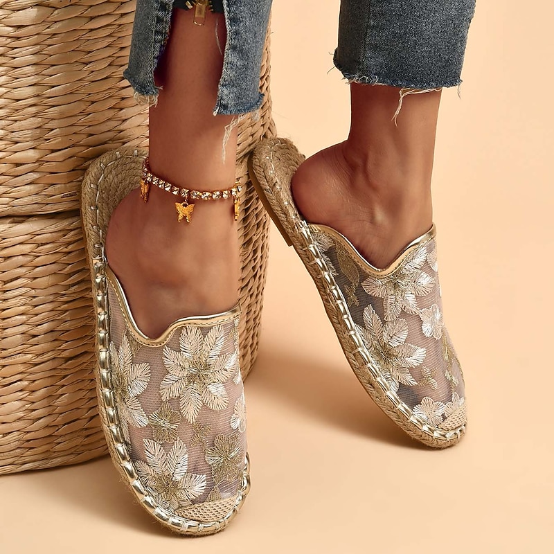 Women's Floral Mesh Slip-On Espadrilles with Embroidered Lace and Braided Sole, Breathable Summer Mules for Beach, Travel, and Casual Outfits2
