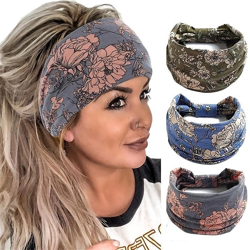 Boho Headbands Wide Knot Hair Scarf Floral Printed Hair Band Elastic Turban Thick Head Wrap Stretch Fabric Cotton Head Bands Thick Fashion Hair Accessories For Women